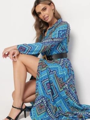 Zdjęcie produktu Niebieska Bawełniana Sukienka Koszulowa Maxi w Stylu Boho Hlevana
