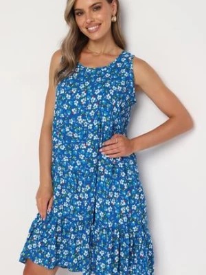Zdjęcie produktu Niebieska Bawełniana Sukienka na Ramiączkach o Rozkloszowanym Kroju w Drobne Kwiaty Doratia