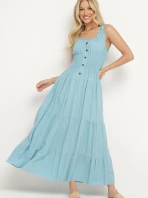 Zdjęcie produktu Niebieska Bawełniana Sukienka z Ozdobnymi Guzikami i Gumką w Talii Cravia