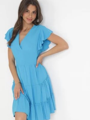 Zdjęcie produktu Niebieska Gładka Sukienka Mini Taliowana z Falbankami Wokół Ramion Zynnas