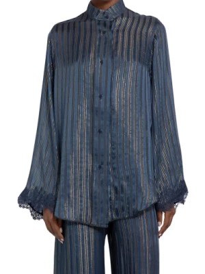 Zdjęcie produktu Niebieska jedwabna koszula z srebrnymi paskami lurex Oseree