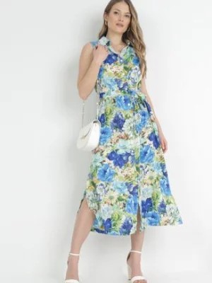 Zdjęcie produktu Niebieska Koszulowa Sukienka Midi z Materiałowym Paskiem i Rozporkami Saydee