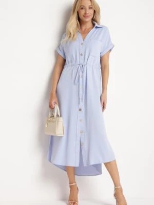 Zdjęcie produktu Niebieska Koszulowa Sukienka z Krótkim Rękawem Zapinana na Guziki z Materiałowym Paskiem Piantia