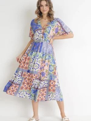 Zdjęcie produktu Niebieska Kwiecista Sukienka Midi z Gumką w Talii z Falbanką z Wiskozy Jazaria