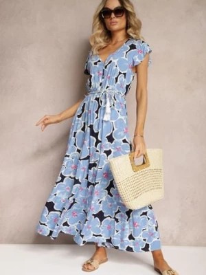 Zdjęcie produktu Niebieska Kwiecista Sukienka z Wiskozy z Gumką w Talii Wiązana Materiałowym Paskiem Vikennia