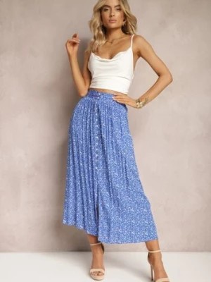 Zdjęcie produktu Niebieska Maxi Spódnica Rozkloszowana w Kwiaty z Guzikami Kessame