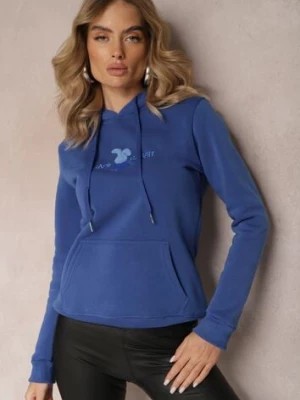 Zdjęcie produktu Niebieska Ocieplona Bluza z Kapturem Ozdobiona Naszywką i Napisem Eirellia