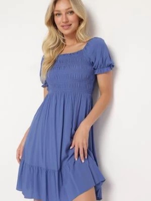 Zdjęcie produktu Niebieska Rozkloszowana Sukienka Bawełniana z Marszczonym Dekoltem i Falbankami Dimesia