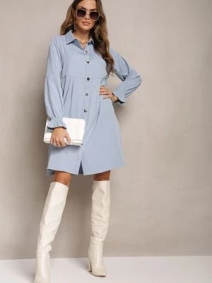 Zdjęcie produktu Niebieska Rozkloszowana Sukienka Koszulowa Mini Nofexi