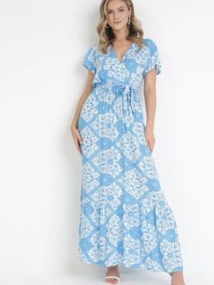 Zdjęcie produktu Niebieska Rozkloszowana Sukienka Maxi z Wiązanym Paskiem Aziza