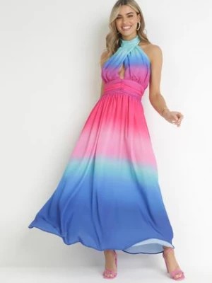 Zdjęcie produktu Niebieska Rozkloszowana Sukienka Maxi ze Stójką i Wycięciem Przy Dekolcie Gense