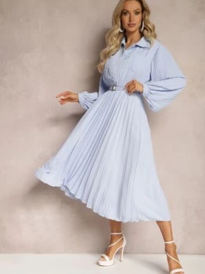 Zdjęcie produktu Niebieska Rozkloszowana Sukienka Midi z Guzikami i Paskiem Ozdobiona Plisowaniem Lathori