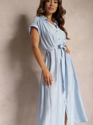 Zdjęcie produktu Niebieska Rozkloszowana Sukienka o Koszulowym Kroju Ozdobiona Paskiem w Talii i Guzikami Rosofia