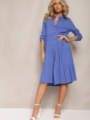 Zdjęcie produktu Niebieska Rozkloszowana Sukienka z Bawełny w Koszulowym Stylu Canidre