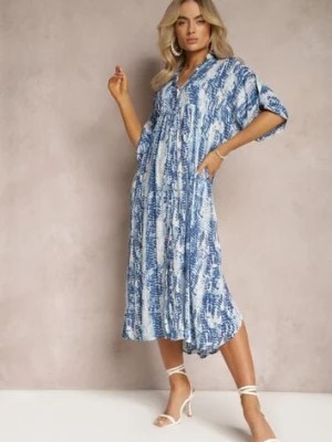 Zdjęcie produktu Niebieska Rozkloszowana Sukienka z Kołnierzykiem z Wiskozy z Modnym Wzorem Ilvana