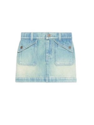 Zdjęcie produktu Niebieska Spódnica z Denimu z Skórzanym Plastrem i Pętlami na Pasek Gucci