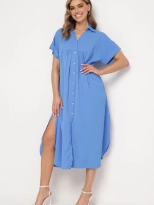 Zdjęcie produktu Niebieska Sukienka Koszulowa Zapinana na Guziki z Podwijanymi Rękawami Moarisa