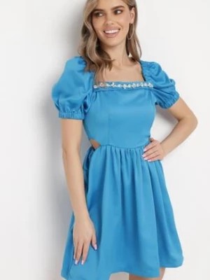 Zdjęcie produktu Niebieska Sukienka Mini Rozkloszowana z Dekoltem Ozdobionym Cyrkoniami i Wycięciami po Bokach Delphira