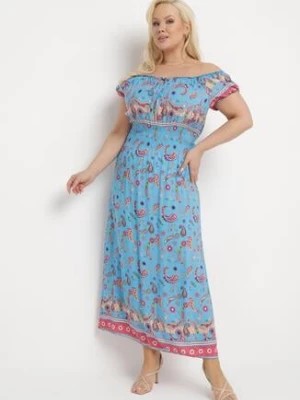 Zdjęcie produktu Niebieska Sukienka na Lato Bawełniana Hiszpanka z Wzorem Paisley i Gumką w Pasie Vediana