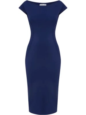 Zdjęcie produktu Niebieska Sukienka z Dekoltem w Kształcie Łodzi Marszczona Do Kolan Chiara Boni