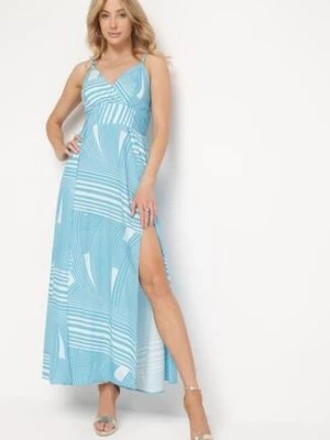 Zdjęcie produktu Niebieska Sukienka z Kopertowym Dekoltem na Regulowanych Ramiączkach z Rozcięciami Jatila