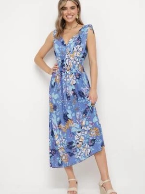 Zdjęcie produktu Niebieska Sukienka z Kopertowym Dekoltem w Kwiaty z Gumką w Pasie Fionessa