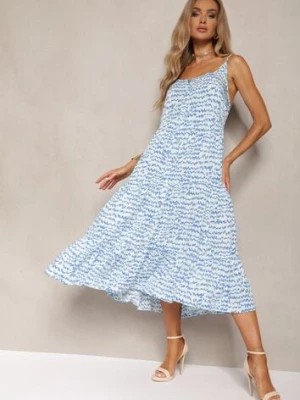 Zdjęcie produktu Niebieska Sukienka z Wiskozy na Regulowanych Ramiączkach z Falbanką i Guzikami Vikisha
