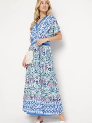 Zdjęcie produktu Niebieska Sukienka z Wiskozy z Gumką w Pasie w Rustykalnym Stylu Valenna