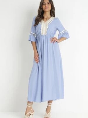 Zdjęcie produktu Niebieska Wiskozowa Sukienka Maxi z Ozdobnym Dekoltem i Gumką w Pasie Latava