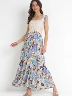 Zdjęcie produktu Niebieska Wiskozowa Sukienka Maxi z Szydełkową Górą i Gumką na Plecach Jaslin