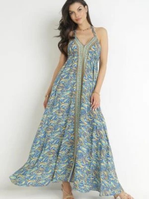 Zdjęcie produktu Niebieska Wiskozowa Sukienka Maxi z Wiązaniem na Szyi i Rozkloszowanym Dołem Jeanine