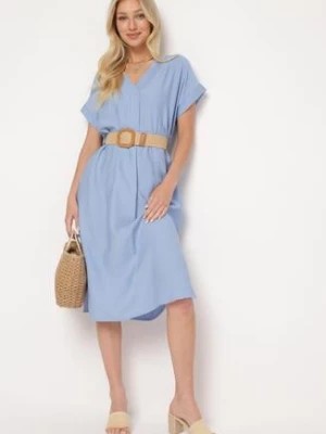 Zdjęcie produktu Niebieska Wiskozowa Sukienka z Paskiem Ozdobionym Plecionką i Klamrą Mlevena