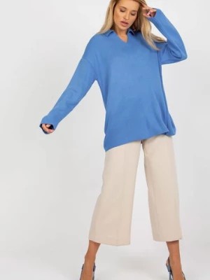 Zdjęcie produktu Niebieski długi
sweter oversize z kołnierzykiem RUE
PARIS RUE PARIS