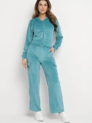 Zdjęcie produktu Niebieski Welurowy Komplet Dresowy Bluza z Kapturem i Szerokie Spodnie Anirle