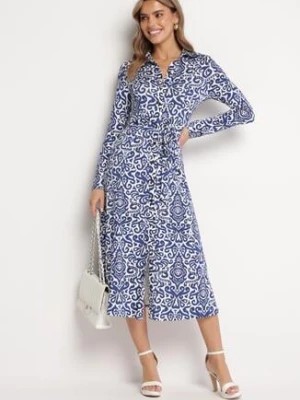 Zdjęcie produktu Niebiesko-Biała Rozkloszowana Sukienka Midi o Koszulowym Fasonie z Ozdobnym Wzorem Liovia