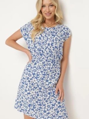 Zdjęcie produktu Niebiesko-Biała Sukienka w Kwiaty z Gumką w Pasie i Krótkim Rękawem Basemia