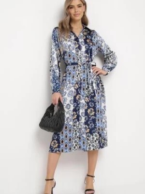 Zdjęcie produktu Niebiesko-Granatowa Sukienka Koszulowa w Ornamentalny Wzór z Materiałowym Paskiem Drusial