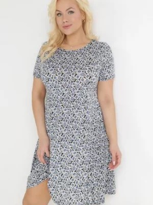 Zdjęcie produktu Niebiesko-Granatowa Trapezowa Sukienka Mini w Kwiatowy Wzór Aganis