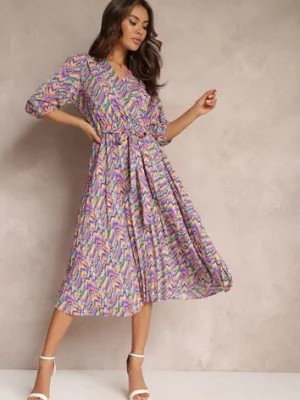 Zdjęcie produktu Niebiesko-Różowa Plisowana Sukienka Maxi z Gumką w Pasie i Paskiem Sangelo