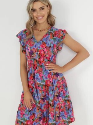 Zdjęcie produktu Niebiesko-Różowa Rozkloszowana Sukienka z Wiskozy z Falbanką Nespena