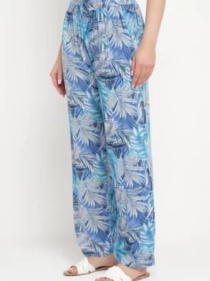 Zdjęcie produktu Niebiesko-Szare Szerokie Spodnie z Wiskozy z Elastyczną Gumką w Pasie z Roślinnym Wzorem Tezosa