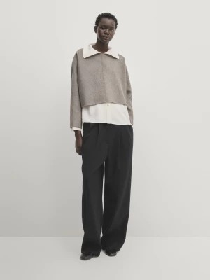 Zdjęcie produktu Obszerny Sweter Z Kontrastowych Materiałów Z Wełnianej Mieszanki - Szary Mysi - - Massimo Dutti - Kobieta
