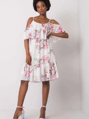 Zdjęcie produktu OCH BELLA Sukienka w różowe kwiaty z ozdobną falbaną - biała