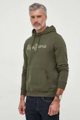 Zdjęcie produktu Pepe Jeans bluza bawełniana RYAN męska kolor zielony z kapturem z aplikacją