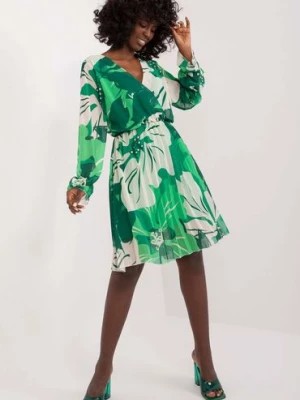 Zdjęcie produktu Plisowana sukienka zielona z bufiastymi rękawami Italy Moda