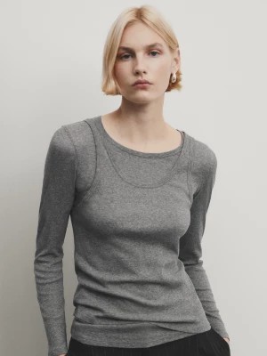 Zdjęcie produktu Podwójna, Prążkowana Koszulka Z Długim Rękawem - Szary - - Massimo Dutti - Kobieta