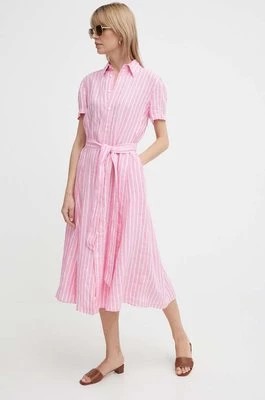 Zdjęcie produktu Polo Ralph Lauren sukienka lniana kolor różowy midi prosta 211935154