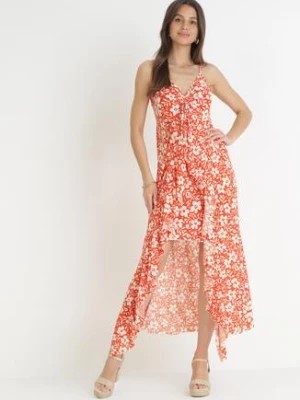 Zdjęcie produktu Pomarańczowa Asymetryczna Sukienka Maxi na Regulowanych Ramiączkach w Kwiaty Dalit