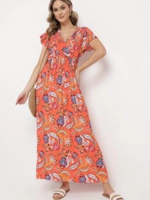 Zdjęcie produktu Pomarańczowa Długa Sukienka z Wiskozy we Wzór Paisley z Gumką w Pasie Nuvimia