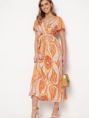 Zdjęcie produktu Pomarańczowa Długa Sukienka z Wiskozy z Kopertową Górą i Geometrycznym Wzorem Amareth